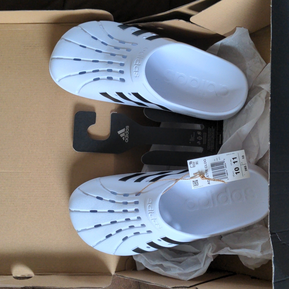 White Adidas Slides with Black Stripes